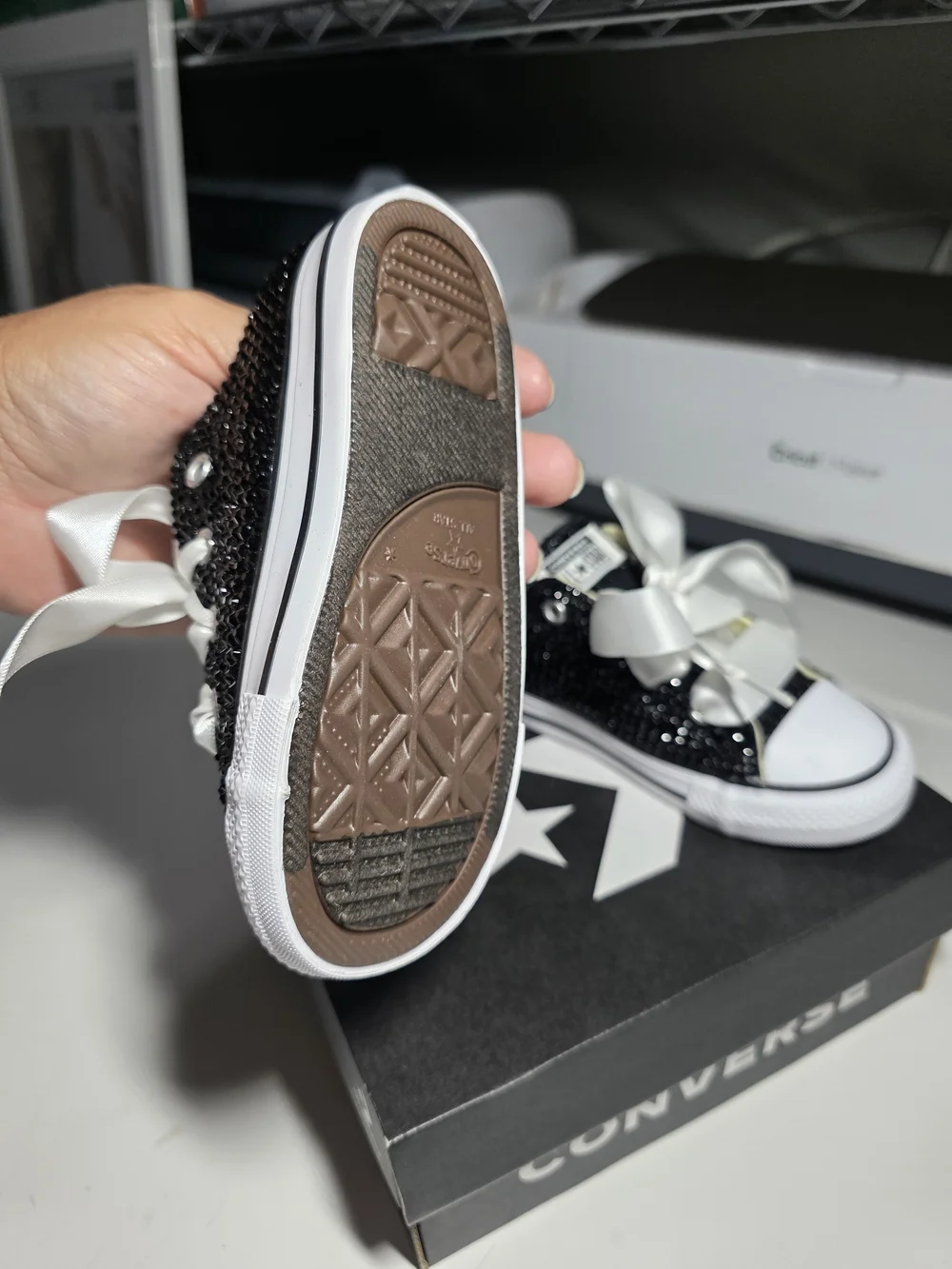 Converse Kids' Black Gem Bling Low Top Sneakers with White Satin Laces